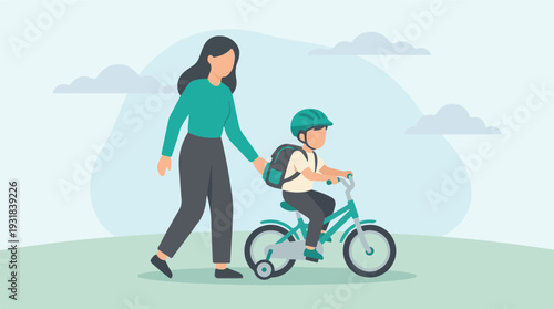 Mother helping son learn to ride bicycle outdoors, flat illustration