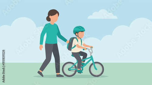 Mother teaching child to ride bicycle with helmet and backpack outdoors