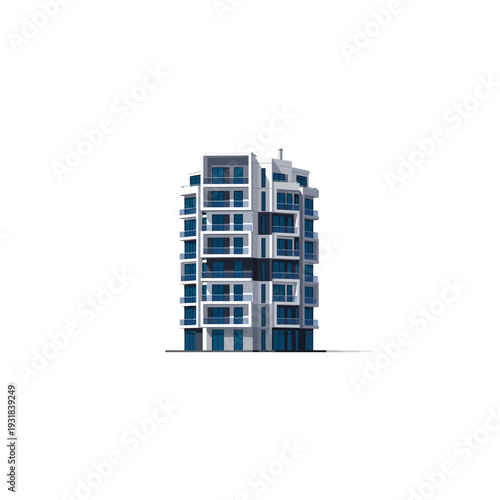 A blue and white building with many balconies