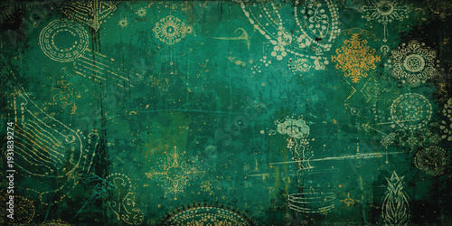 Vintage Green Ornamental Background with Golden Decorative Patterns and Distressed Grunge Texture.