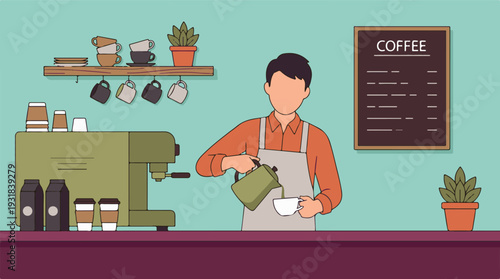 Barista preparing coffee in a modern cafe, flat vector illustration