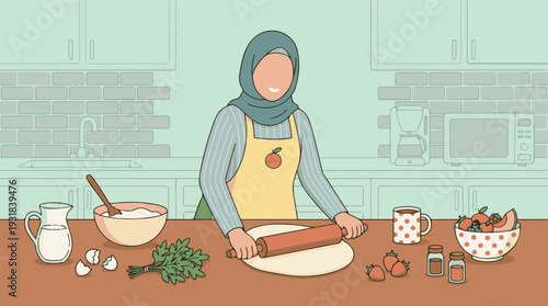 Smiling Muslim woman in hijab preparing dough with a rolling pin in kitchen