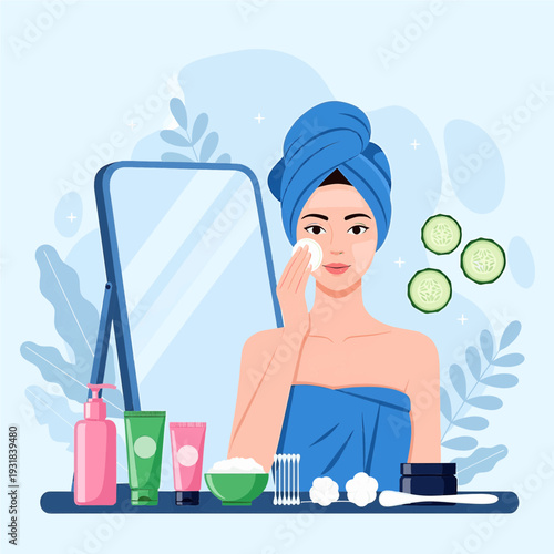 Woman in a towel doing her skincare routine with cosmetic products and cucumber slices.