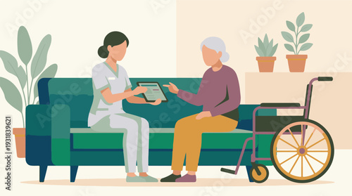 Healthcare worker showing tablet to elderly woman in a home care setting