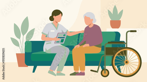 Caregiver consulting elderly woman with tablet, home health care support