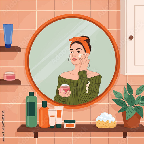 A woman in a green sweater and orange headband applying face cream in a bathroom mirror, surrounded by various skincare products and a potted plant.
