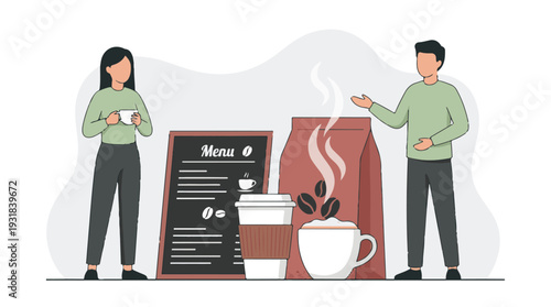 Man and woman at coffee shop with menu board and various coffee products