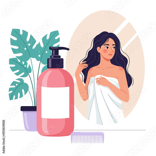A woman wrapped in a towel looking at her reflection in a mirror, with a pink shampoo bottle and a houseplant nearby.
