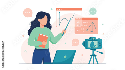 Female teacher conducting online math and science lesson with laptop