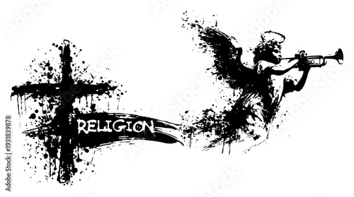 Religious symbol composition with cross angel blowing trumpet and ink splatter grunge art