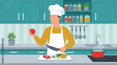 Chef preparing healthy meal, chopping fresh vegetables in a modern kitchen