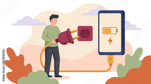 Man plugging charger into wall socket to power up a smartphone