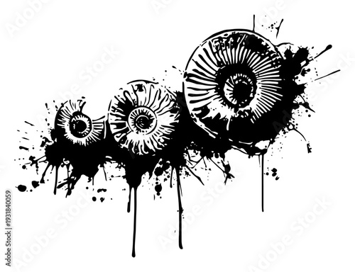 Artistic ammonite fossil shells with expressive black ink splatters and grunge drips