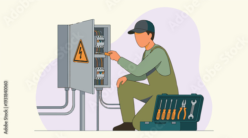 Electrician working on electrical panel, adjusting circuit breakers with screwdriver