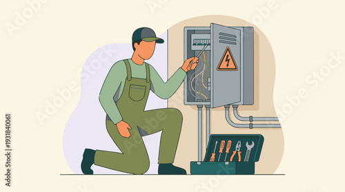 Professional electrician fixing electrical panel with screwdriver