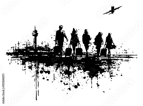 Travelers silhouettes with luggage at an airport in a grungy ink splash style