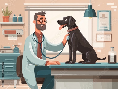 Happy man, portrait and veterinarian with dog for animal checkup, visit or healthcare. ai generated