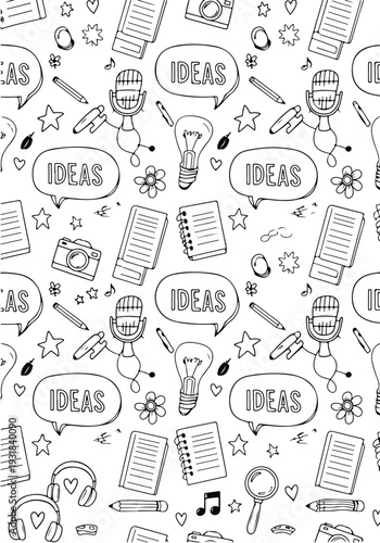 Hand drawn creative doodle pattern featuring ideas text light bulbs and school supplies