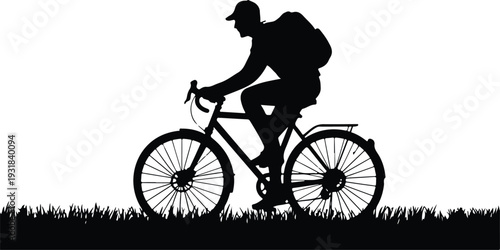 Silhouette of a cyclist with a backpack riding a bike on a grassy field against a white background