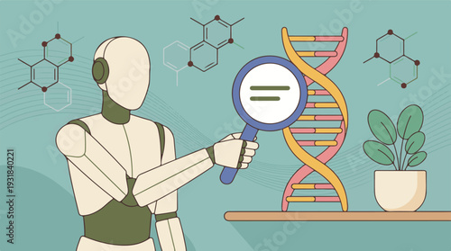 Artificial intelligence robot studying DNA structure and genetic research