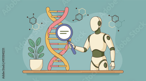 AI Robot Analyzing DNA and Chemical Structures in Scientific Research