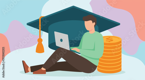 Student with laptop, graduation cap, and money representing education costs