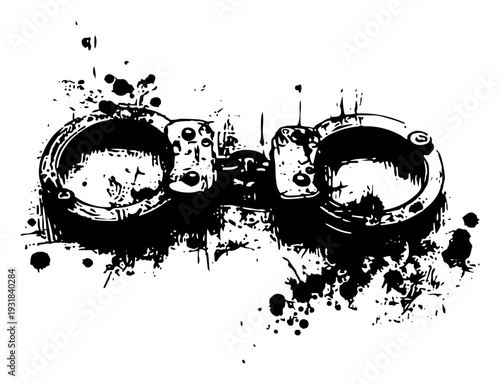Handcrafted metal handcuffs illustration in expressive black ink splatter style