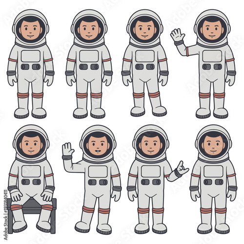 Astronauts in white spacesuits, male characters, space explorers, cosmic journey, science fiction characters, different poses