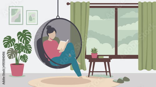 Woman reading in comfortable hanging chair in cozy home interior