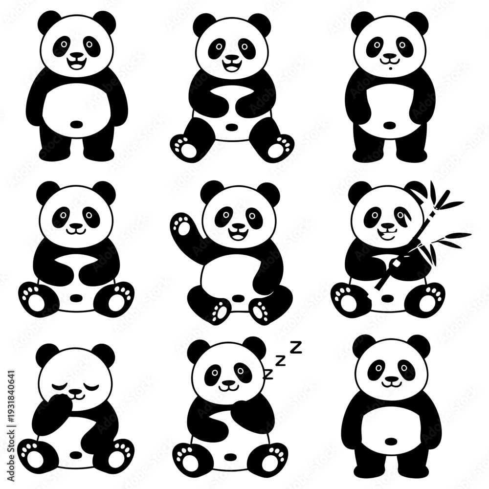 Obraz premium Collection of nine black and white cartoon pandas in different poses showing emotions and activities like sleeping waving and holding bamboo a delightful assortment for children