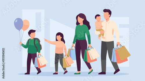 Happy family walking with shopping bags after successful store visit