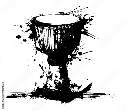 Traditional djembe drum vector sketch with dramatic black ink splatter and grunge details