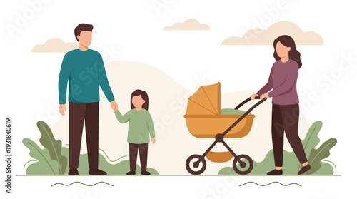 Parents with children and baby stroller walking outdoors, family time