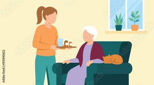 Illustration of caregiver assisting elderly woman with medication