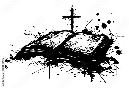 Religious composition featuring an open holy bible and cross in artistic ink splatter style