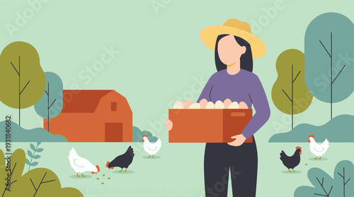 Female farmer collecting fresh eggs on a rural farm with chickens