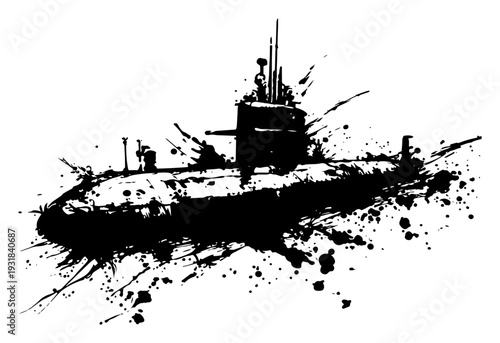 Naval submarine silhouette in motion with artistic black ink splash and grunge effects