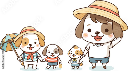 Cartoon dog family enjoying summer vacation with beach umbrella, straw hats, palm trees, bucket, and cheerful puppies
