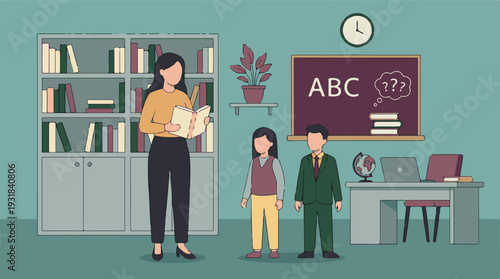 Teacher and two students in a classroom, education and learning concept