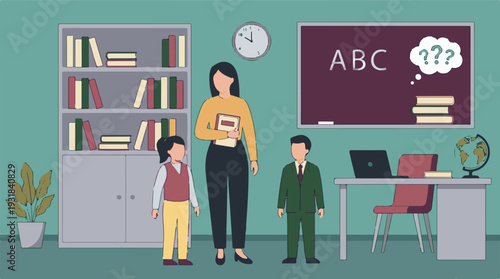 Teacher and students in a bright classroom with educational elements