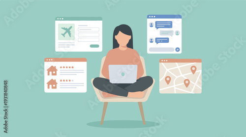 Woman using laptop for online travel, property, and communication services
