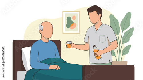 Male caregiver offering a drink to an elderly man in bed