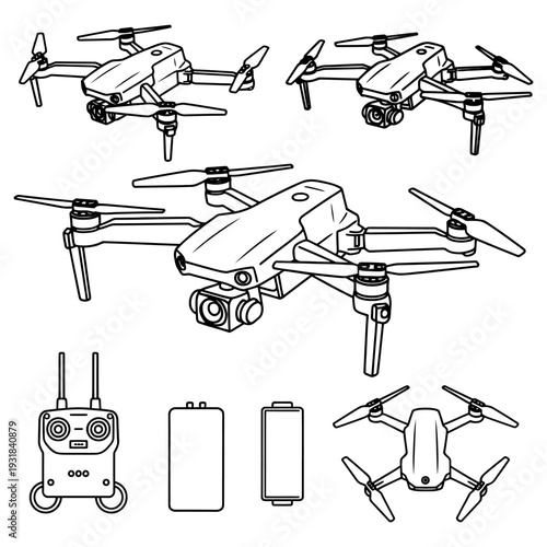 Detailed line art illustration of a drone kit including remote controller battery pack and aerial vehicle shown from different perspectives for technical manuals and product guides