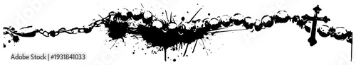 Decorative rosary with cross border illustration in black ink splatter style