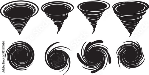 Black Solid Whirlpool Vortex Silhouettes Set of Six on White Background
