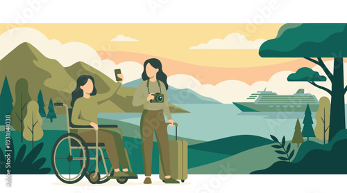 Happy women enjoying accessible travel, taking photos of scenic landscape.