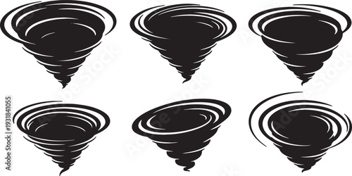 Black Solid Whirlpool Vortex Silhouettes Set of Six on White Background