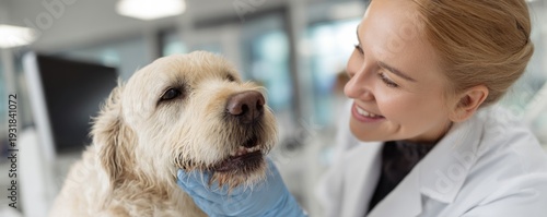 Happy woman, portrait and veterinarian with dog for animal checkup, visit or healthcare. dog looking to camera. ai generated