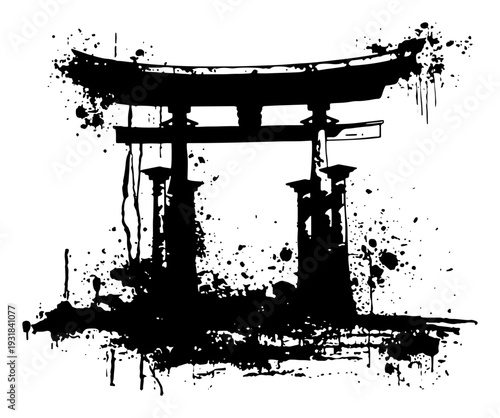 Japanese Torii gate silhouette in artistic black ink splatter and grunge style