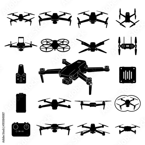 Modern drone technology showcasing a variety of aerial vehicles and accessories including quadcopters remote controls batteries and carrying cases for professional and hobbyist use